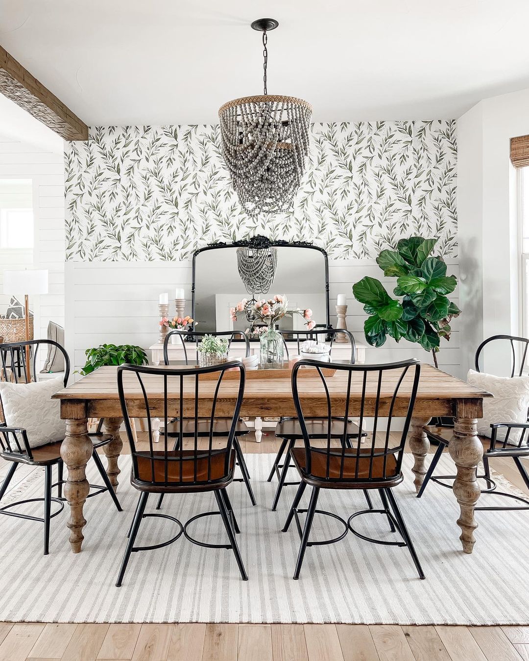 Dining Room with Farmhouse Style Wallpaper Applied. Photo by Instagram user @sarahjoyblog