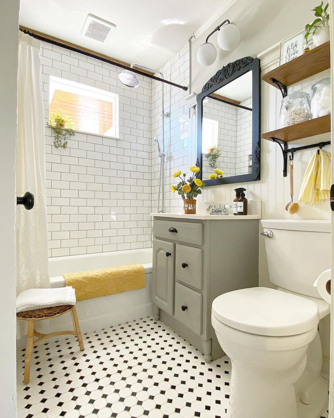 Updated Bathroom with Subway Tile Walls in the Shower. Photo by Instagram user @my.purposed.place