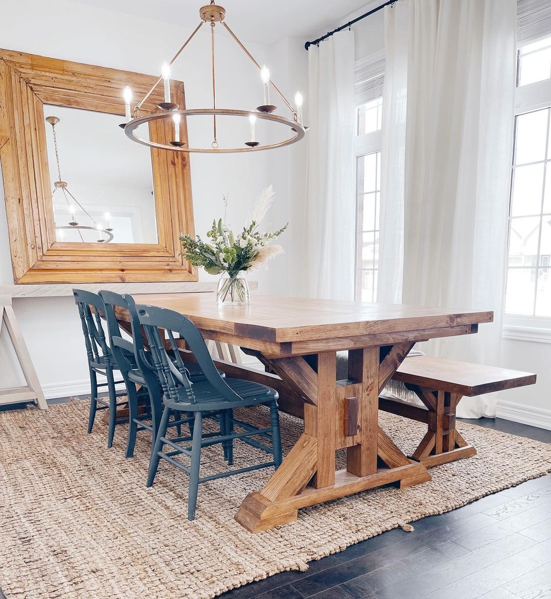 Dining Room with Large Farmhouse Style Gathering Table. Photo by Instagram user @alexanderdesignsandco