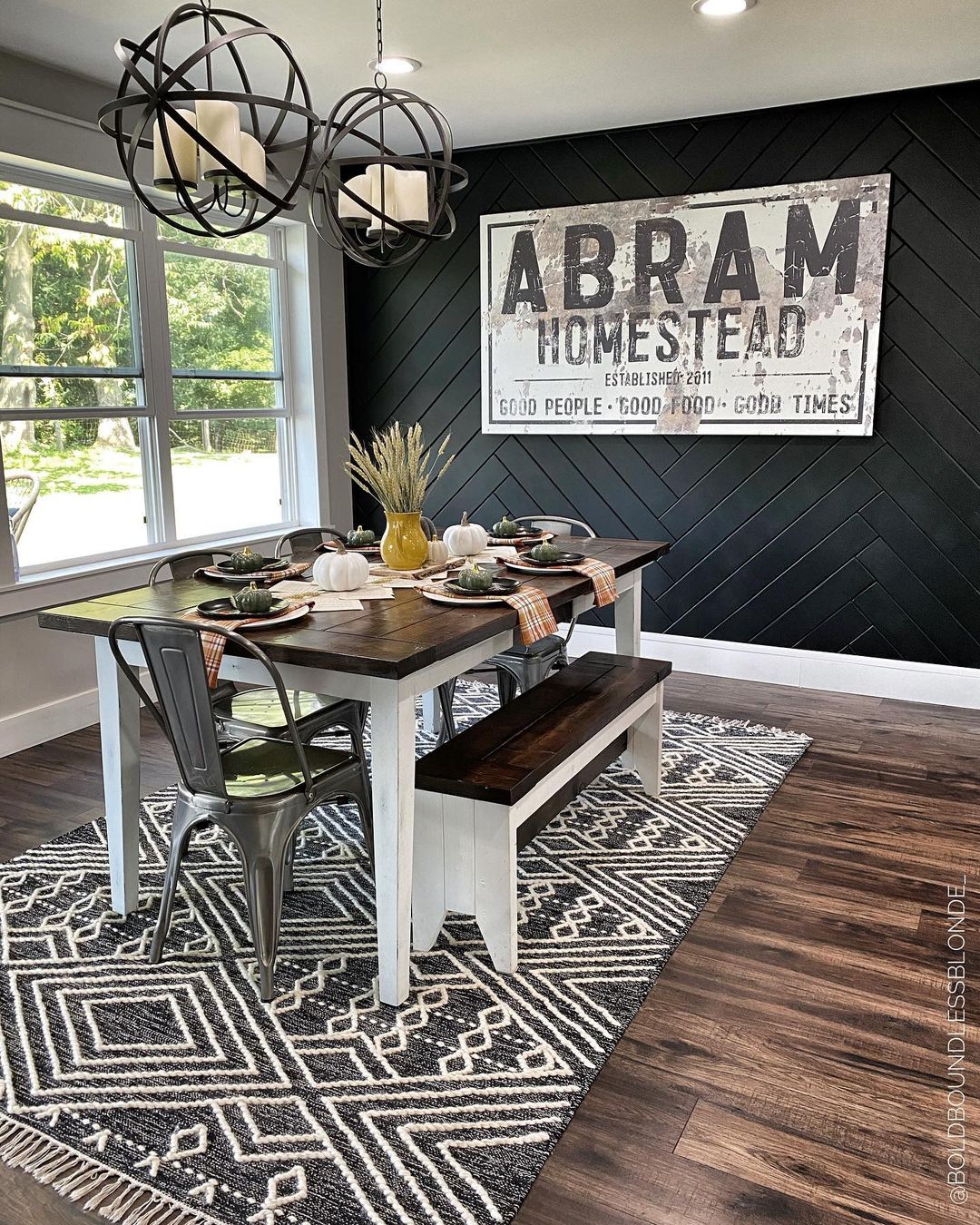 Metal Sign Hanging on Dining Room Accent Wall. Photo by Instagram user @homewithkrissy