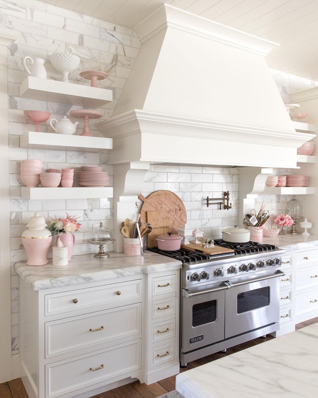 Farmhouse Style Kitchen with Open Shelving. Photo by Instagram user @homewithhollyj