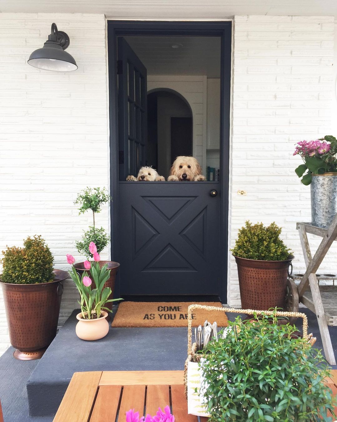 Farmhouse Style Home Using a Black Dutch Door with Dogs Looking Out. Photo by Instagram user @theinspiredroom