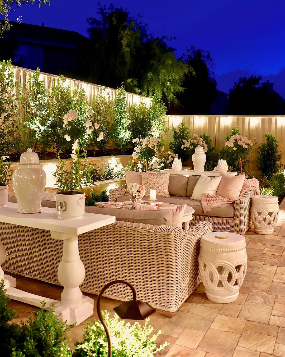 Backyard Living Space with Lots of Landscape Lighting. Photo by Instagram user @kristywicks