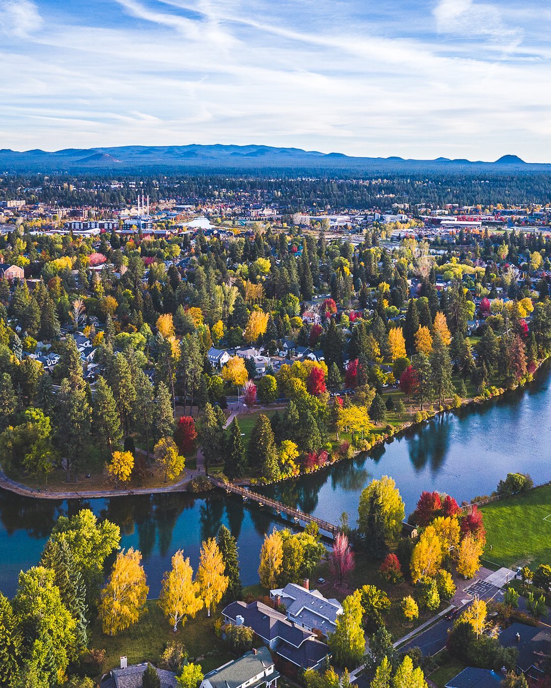 Aerial View of Bend, OR in the Fall. Photo by Instagram user @floatdontswim