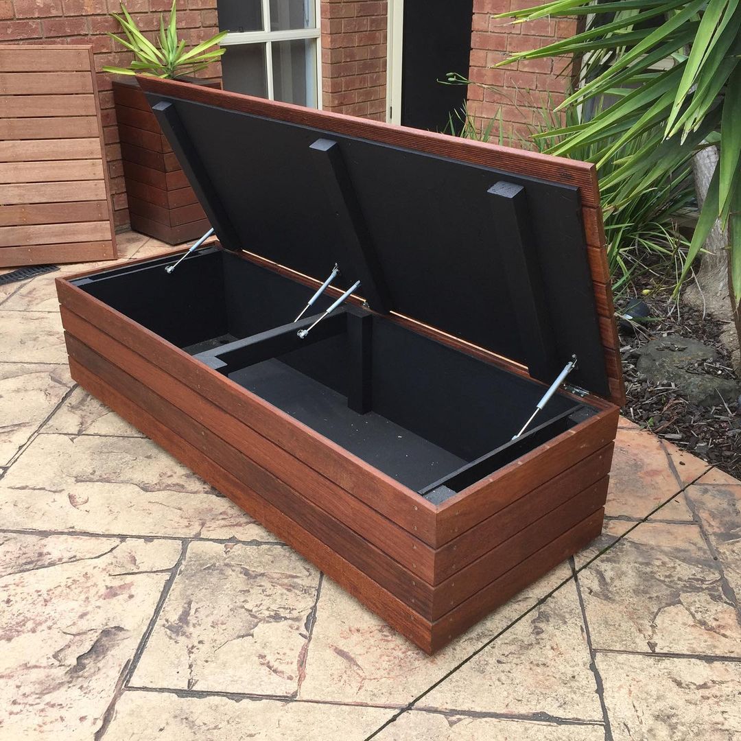 Storage Bench Open on a Patio. Photo by Instagram user @merbau_designs