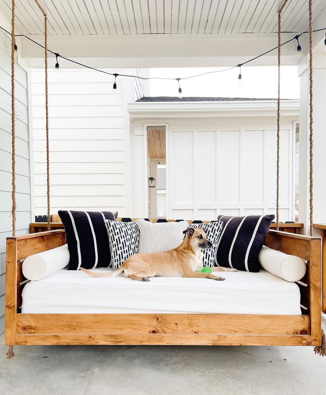 Dog Laying on a Hanging Daybed. Photo by Instagram user @hugheshomediy
