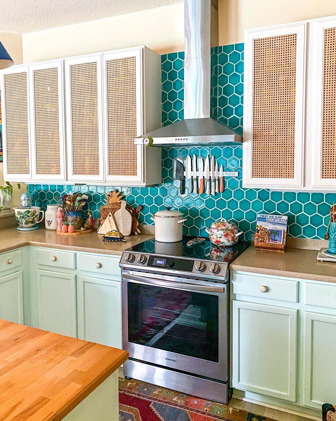 Updated Kitchen with Blue Tile Backsplash. Photo by Instagram user @mango_manor