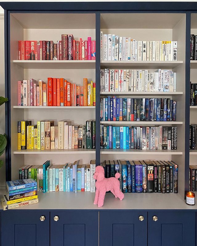 Blue Bookcase with Books Set Up By Color. Photo by Instagram user @harrison_nate_and_me