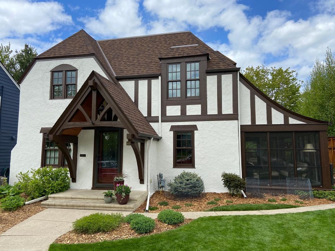 Tudor style house with nice landscaping in St Paul Minnesota. Photo by instagram user @headwaters_painting_llc