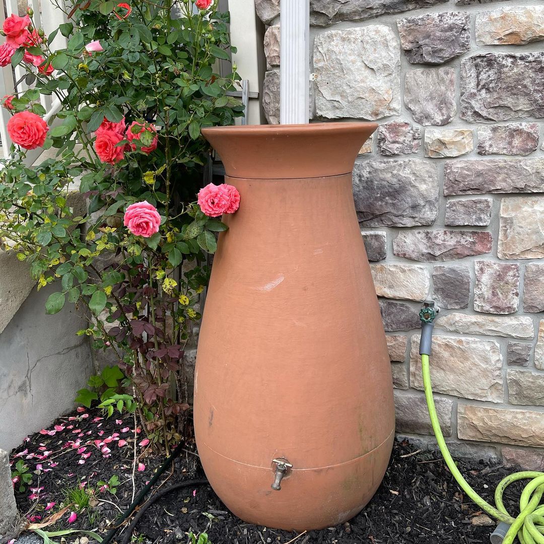 Homemade rain barrel made of terracotta under a gutter with a small spigot. Photo by instagram user @marvinsgardenseast6b