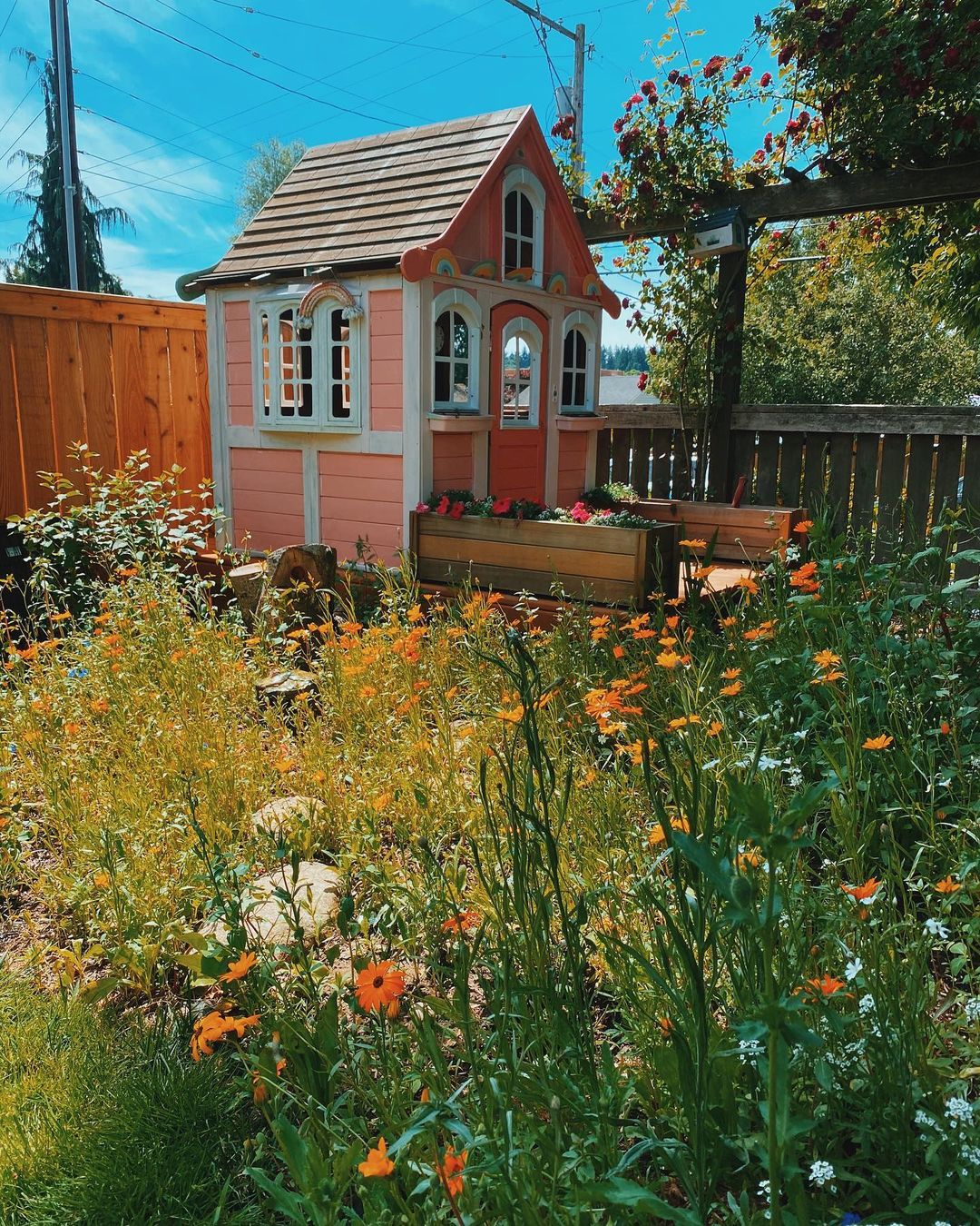 Small shed in the corner of a yard surrounded by multicolored wildflowers. Photo by instagram user @the_rainboww_house
