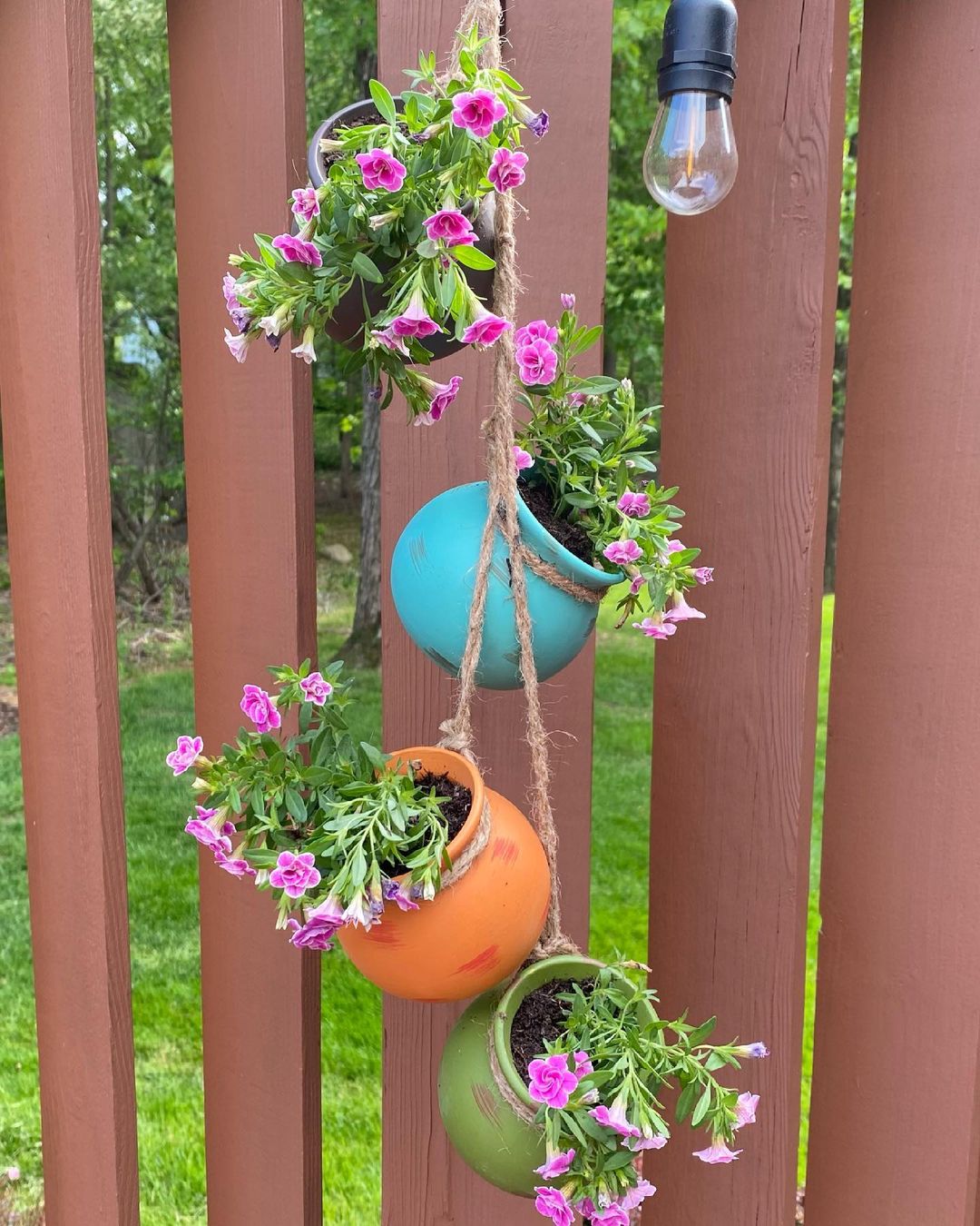 Painted potted plants hanging from a string against a fence with bright flowers inside. Photo by instagram user @garden_glo