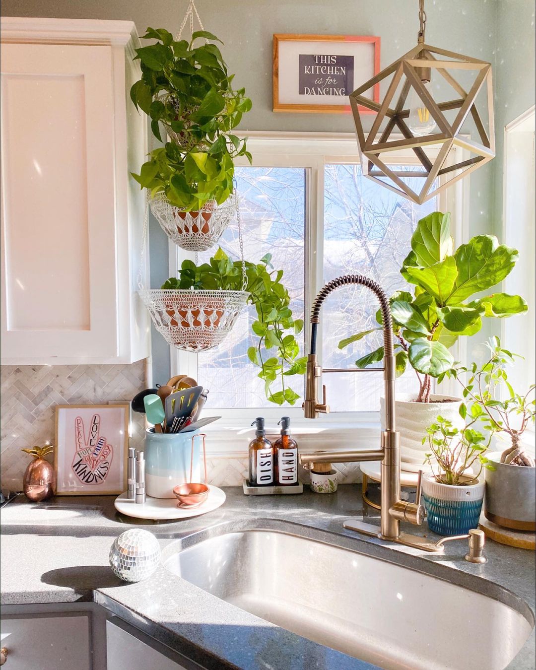 Collection of plants hanging and standing in a windowed corner of a kitchen. Photo by Instagram user @thehousethatdiybuilt.