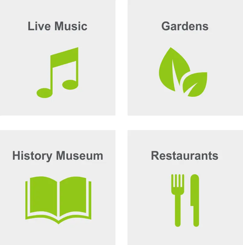 Activities in Central Business District includes live music, gardens, history museum, and restaurants. 