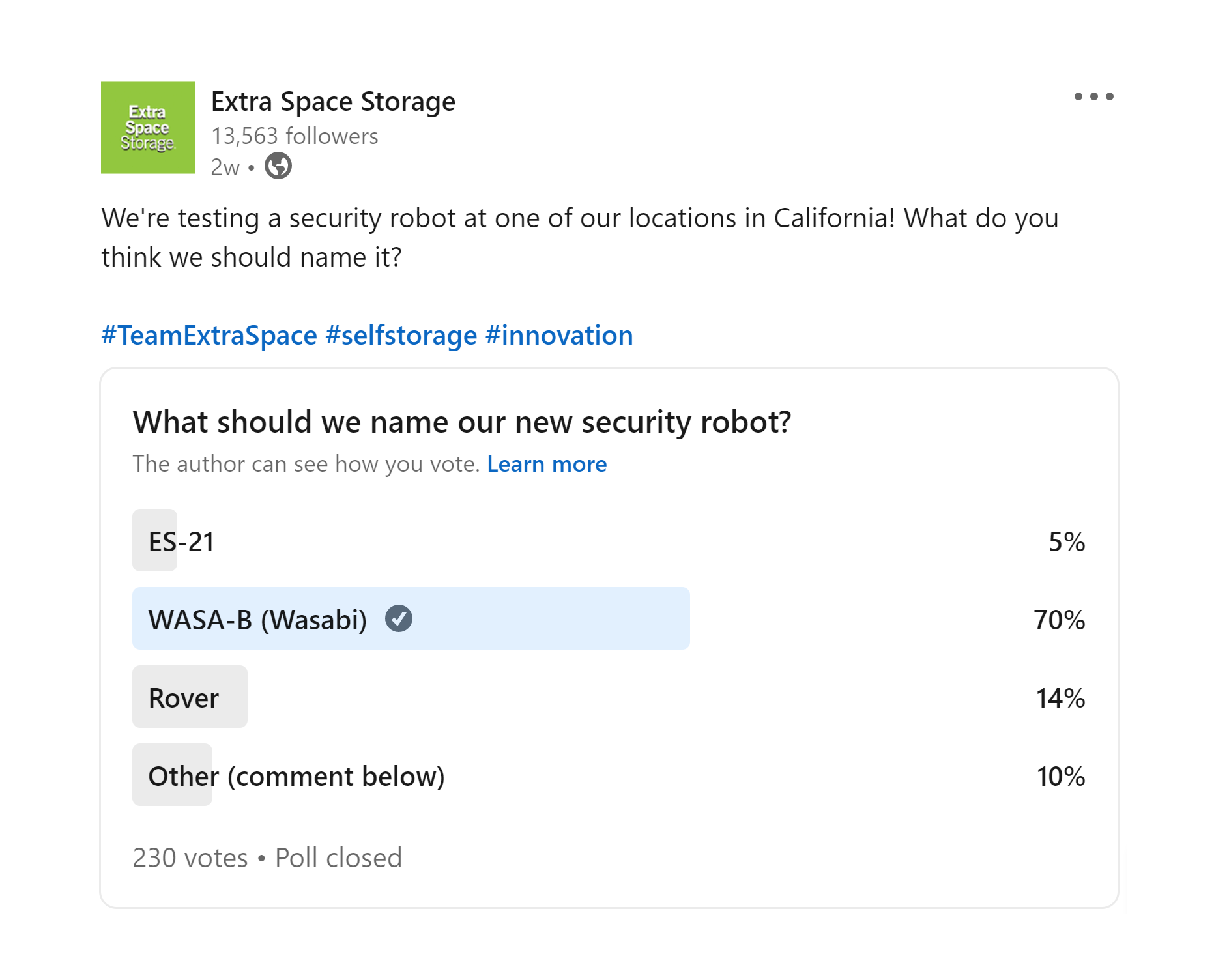 Screenshot of Extra Space Storage LinkedIn Poll for Naming WASA-B
