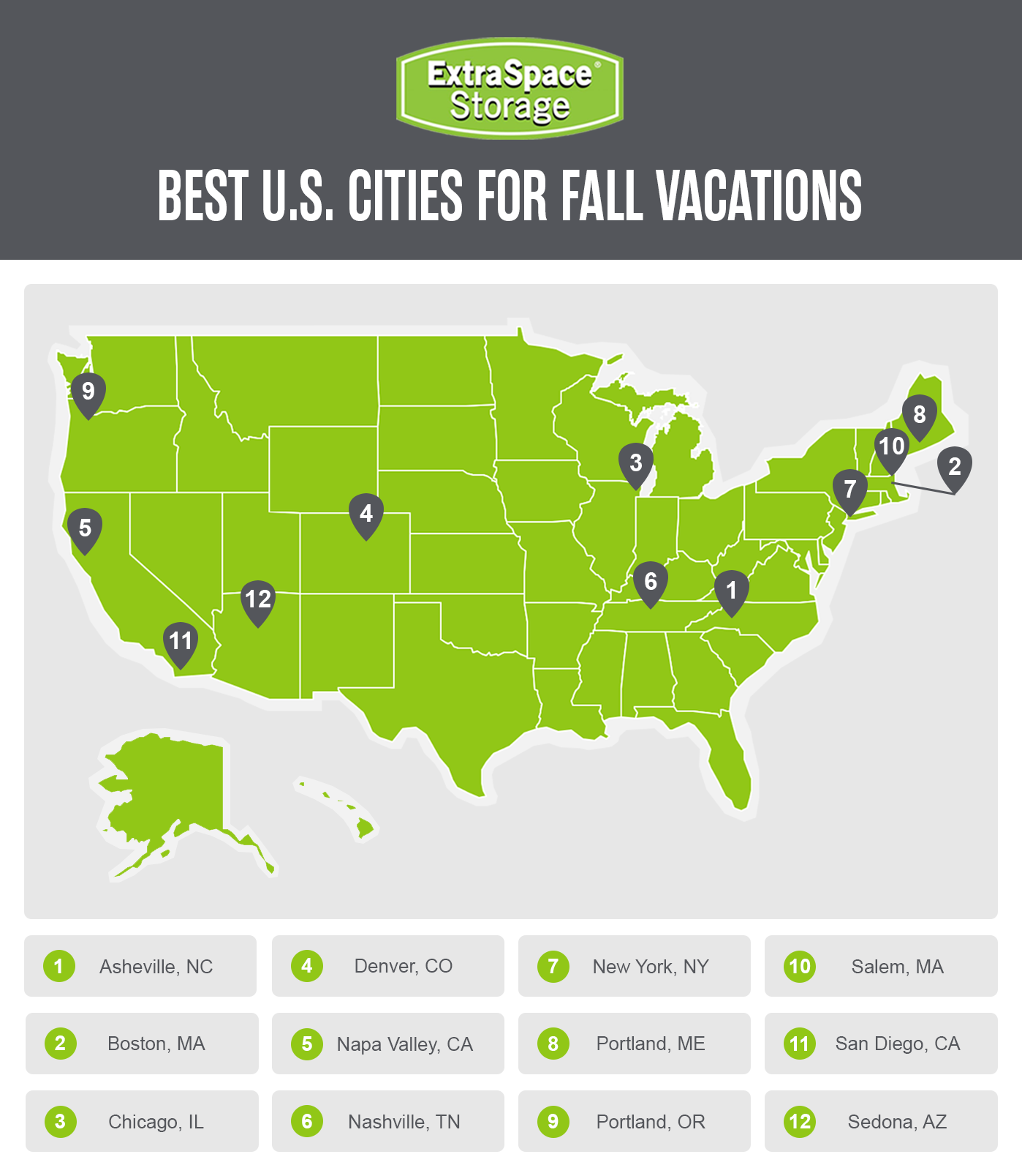 A map pinpointing the 12 best cities for fall vacations from the East Coast to West Coast