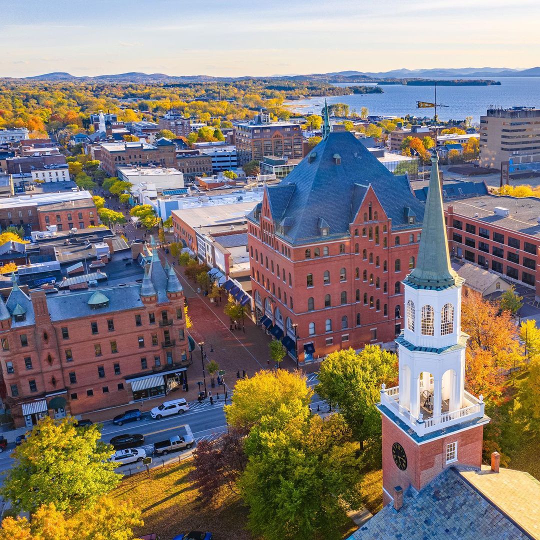 Aerial View of the Church Street Marketplace in Burlington, VT. Photo by Instagram user @damonaerial