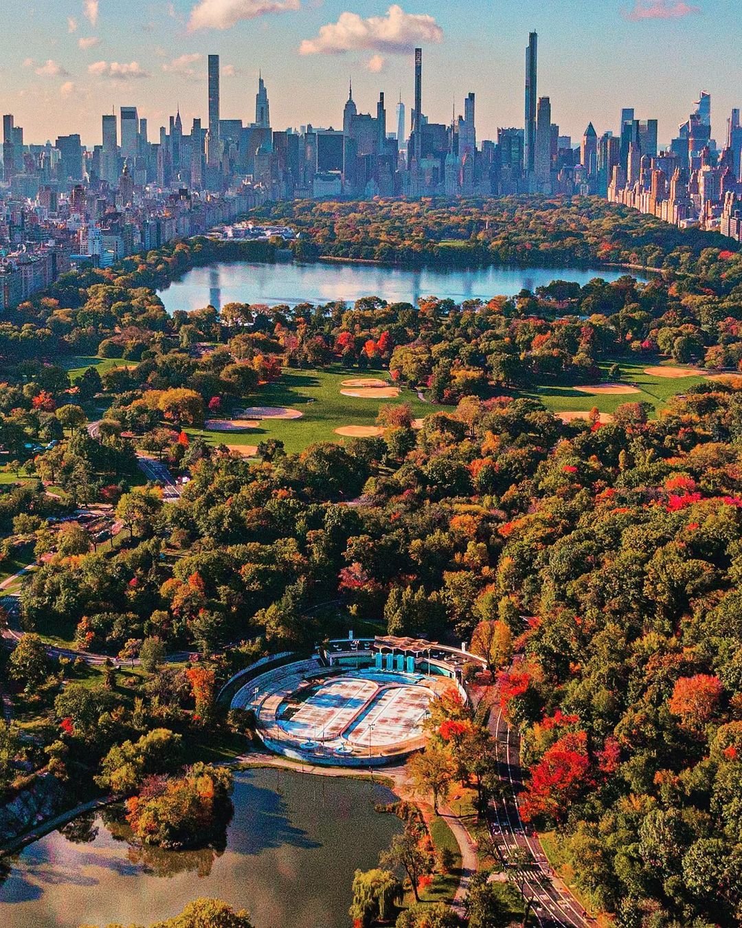 Aerial View of Central Park in Fall in New York City, NY. Photo by Instagram user @mingomatic