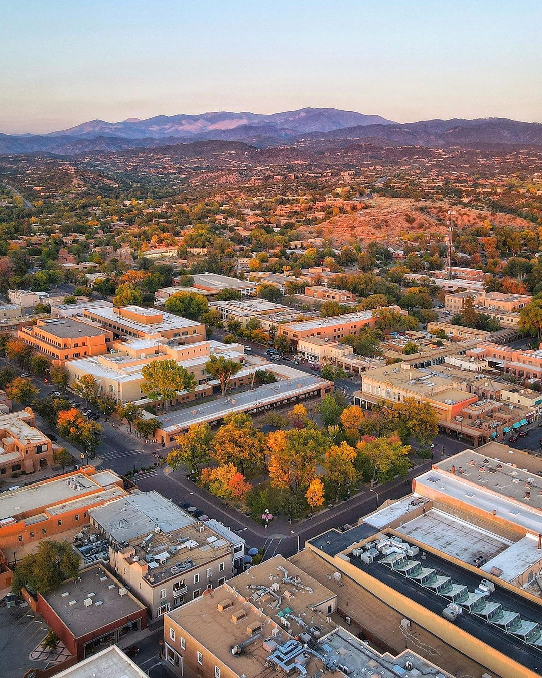 Aerial Photo of Downtown Santa Fe, NM. Photo by Instagram user @airscloudsantafe