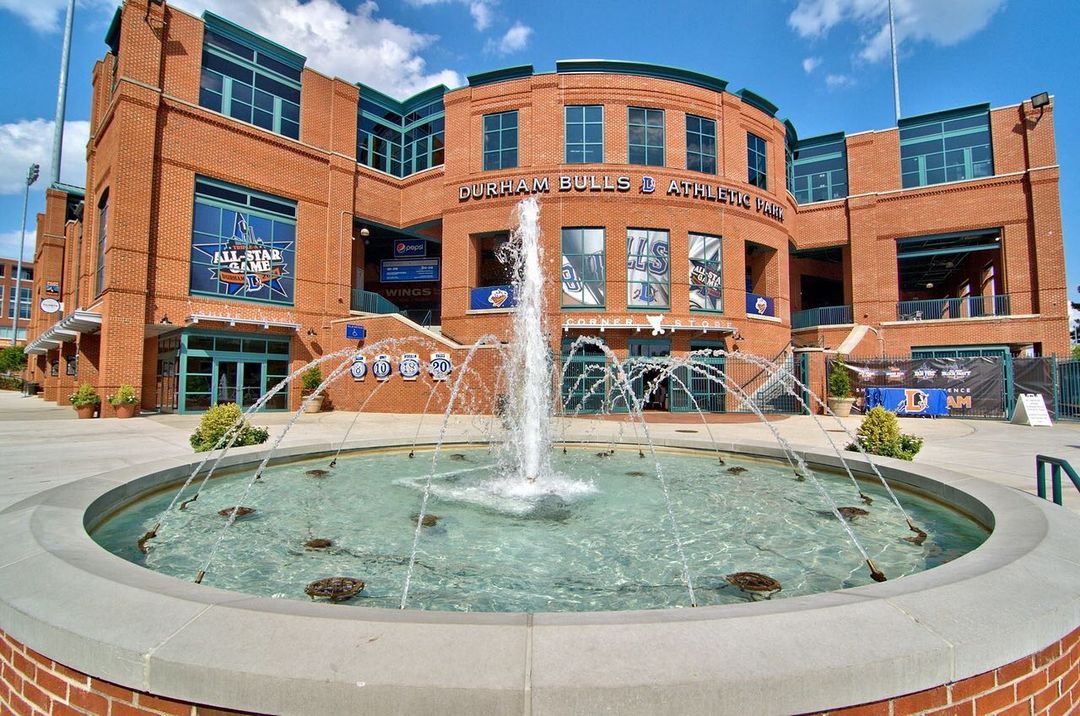 Fountain Outside of the Durham Bulls Athletic Park. Photo by Instagram user @thevegadurham