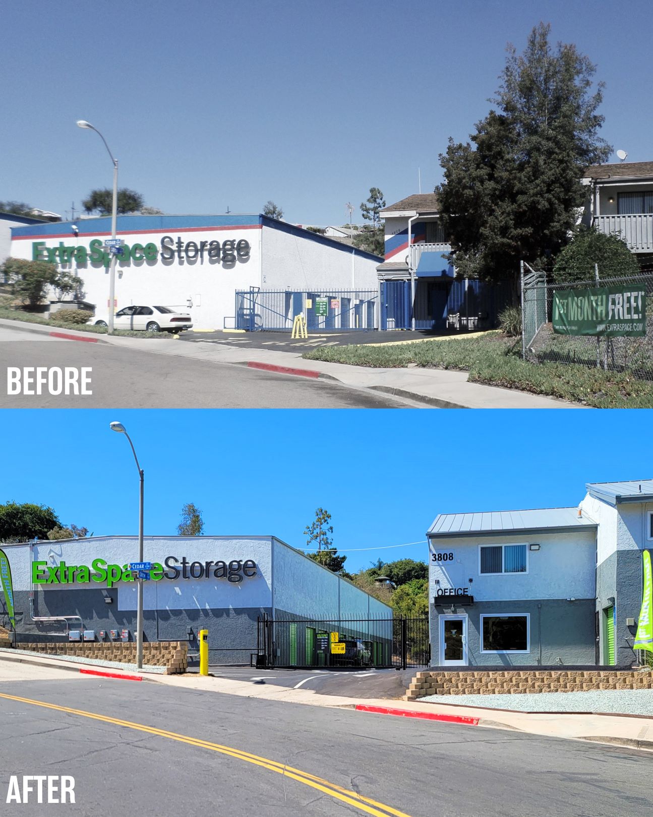Before & After Photos of Updated Exterior of Expanded Extra Space Storage Facility in San Diego