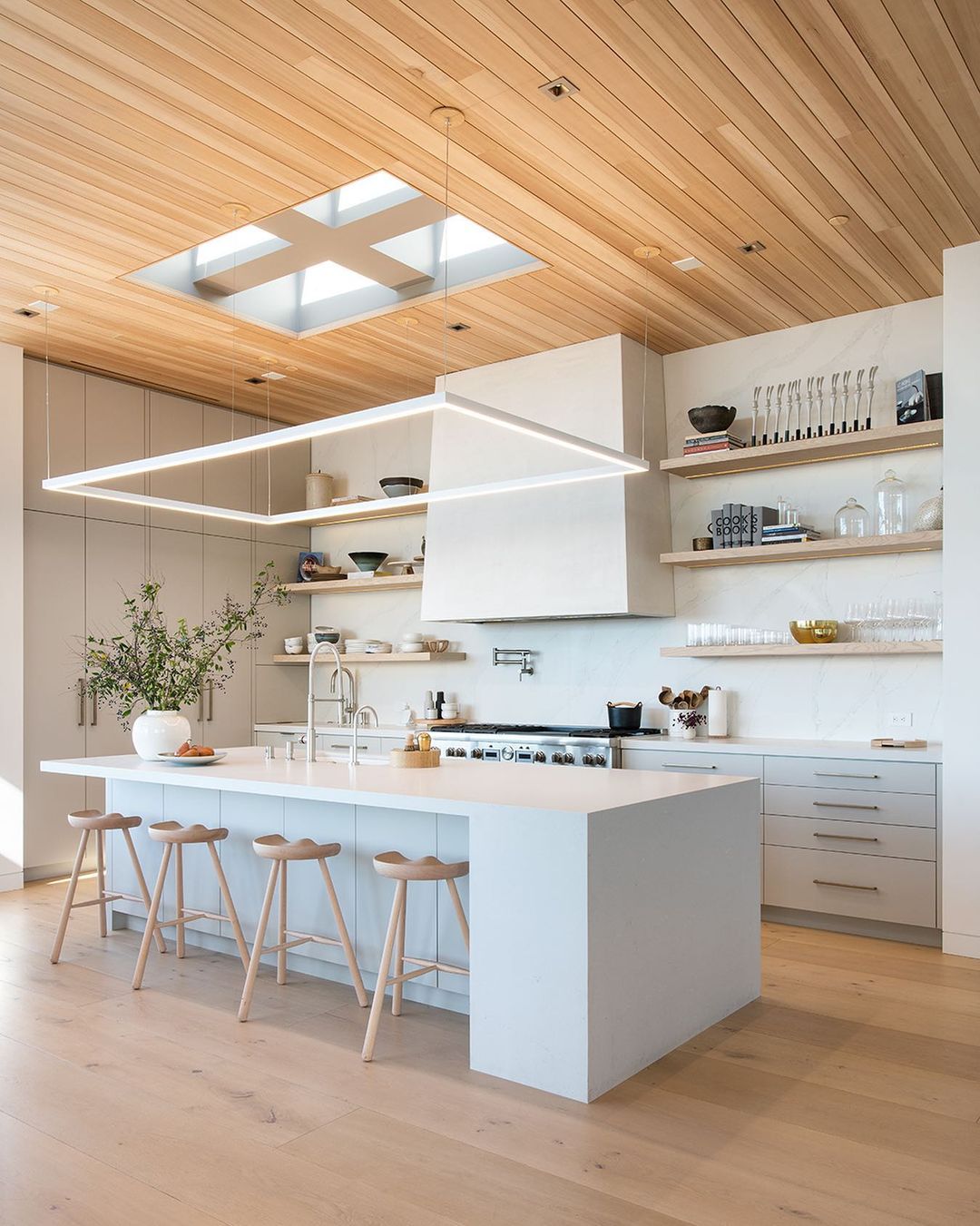 Modern Kitchen with Large Light Overhead. Photo by Instagram user @laneylainc