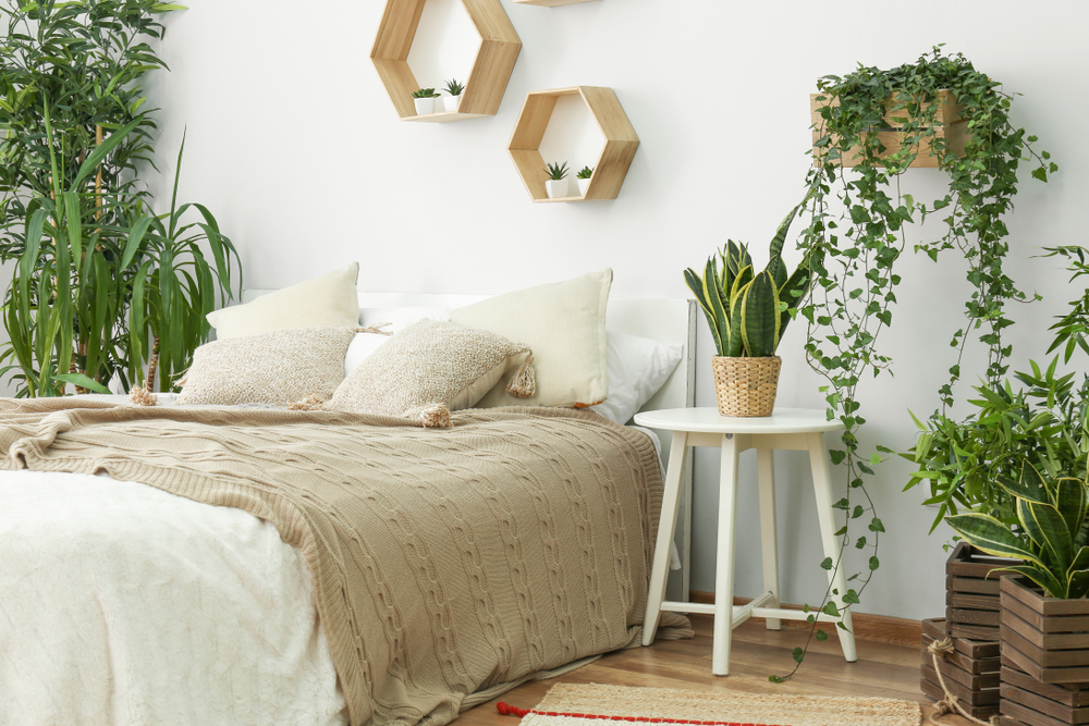 Stylish interior of a bedroom with green houseplants and gold accented wall decor with wood flooring