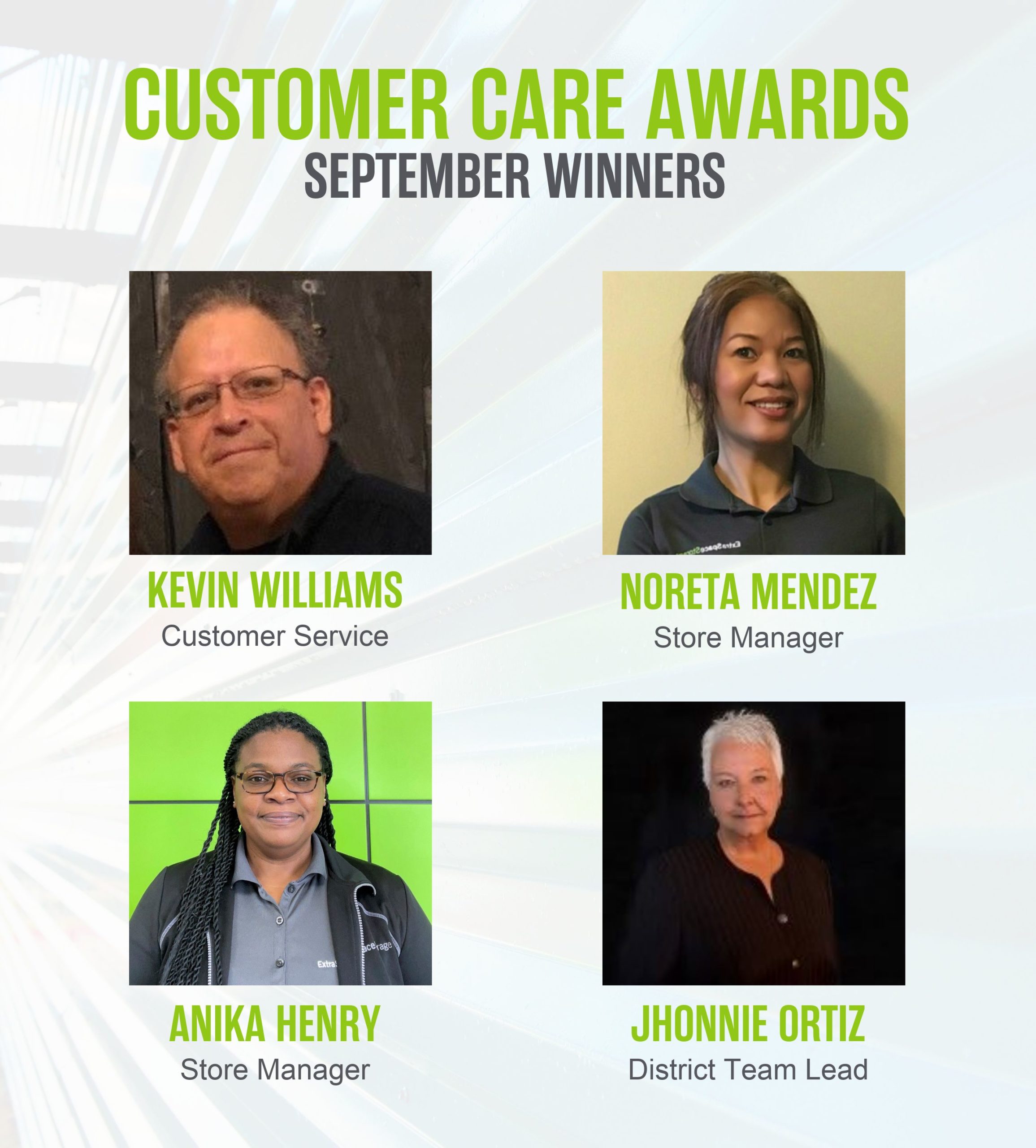 Extra Space Storage Customer Care Award winners Anika Henry, Noreta Mendez, Jhonnie Ortiz, and Kevin Williams.