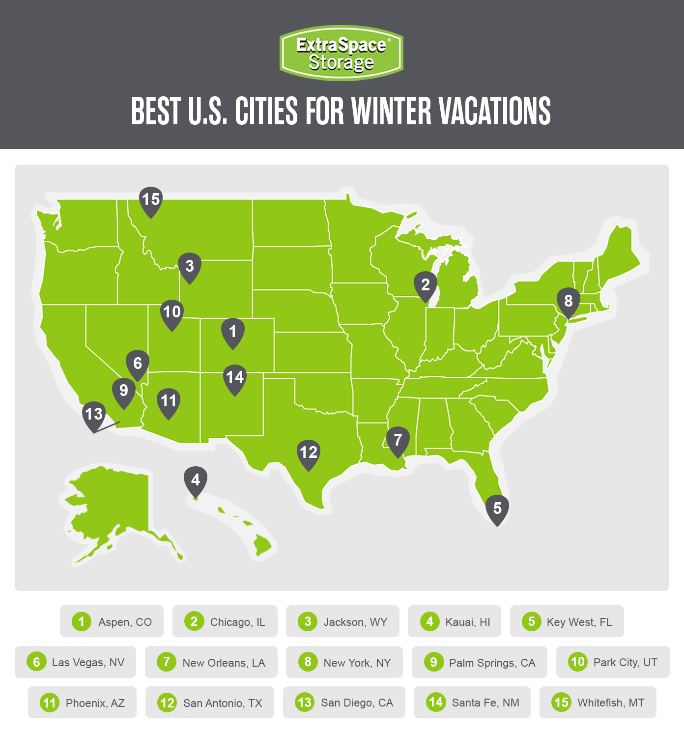 A map graphic of the Best U.S. Cities for Winter Vacations. 