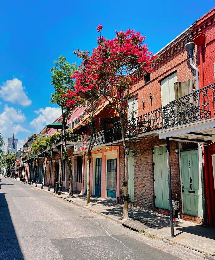 The French Quarter in New Orleans on a sunny day with an empty street and ornate balconies. photo by instagram user @charly.viajero