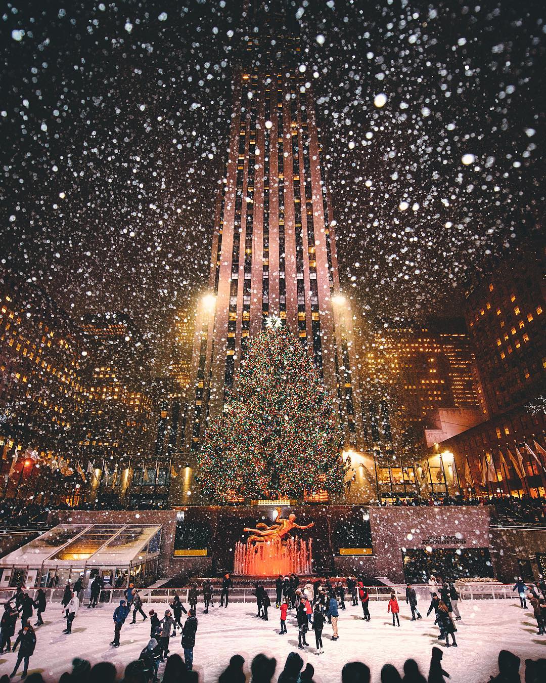30 Rock in the winter with people ice skating under a the large Christmas tree on a calm night in New York City. Photo by instagram user @thewilliamanderson