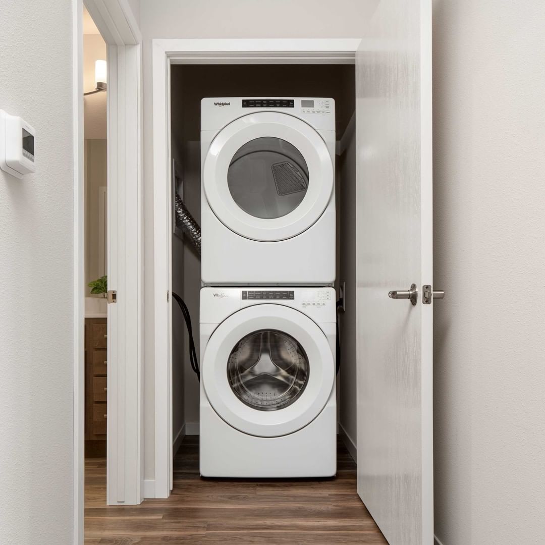Stacked Washer & Dryer in an Apartment. Photo by Instagram user @thebevyapartments