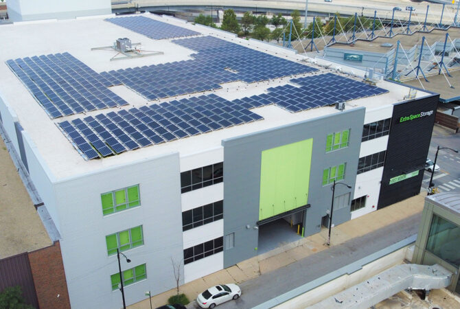 Extra Space Storage Facility with Solar Panels Fixed to the Roof