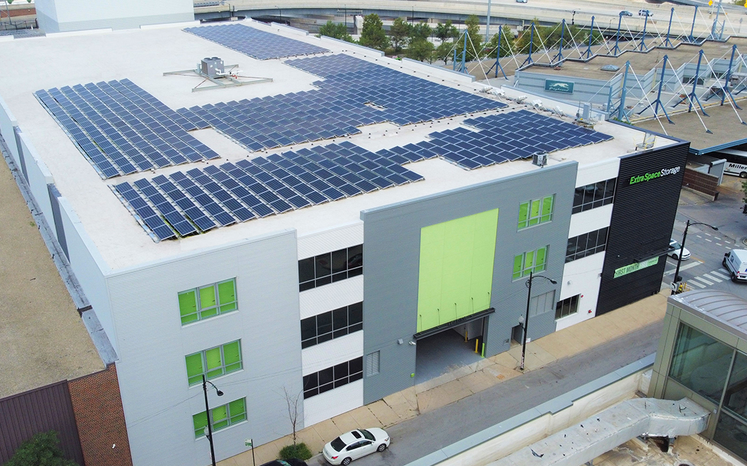 Extra Space Storage Facility with Solar Panels Fixed to the Roof