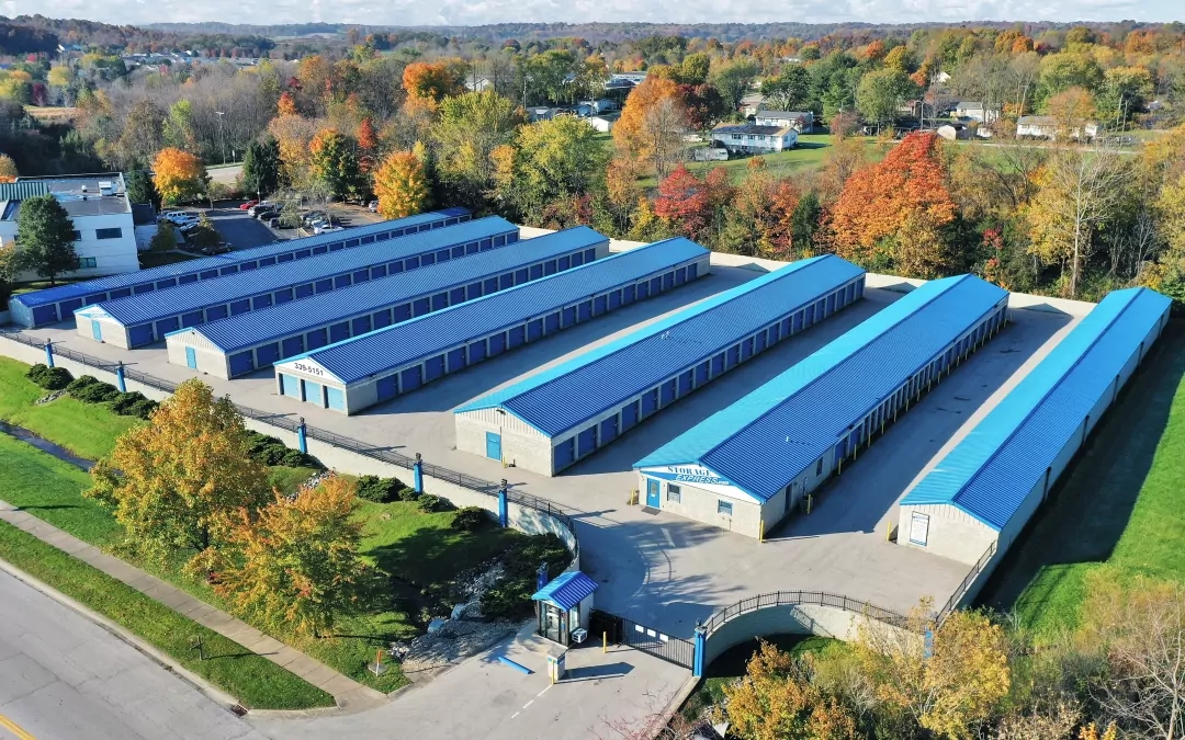Bird's eye view of Storage Express self storage facility with multiple drive-up access buildings