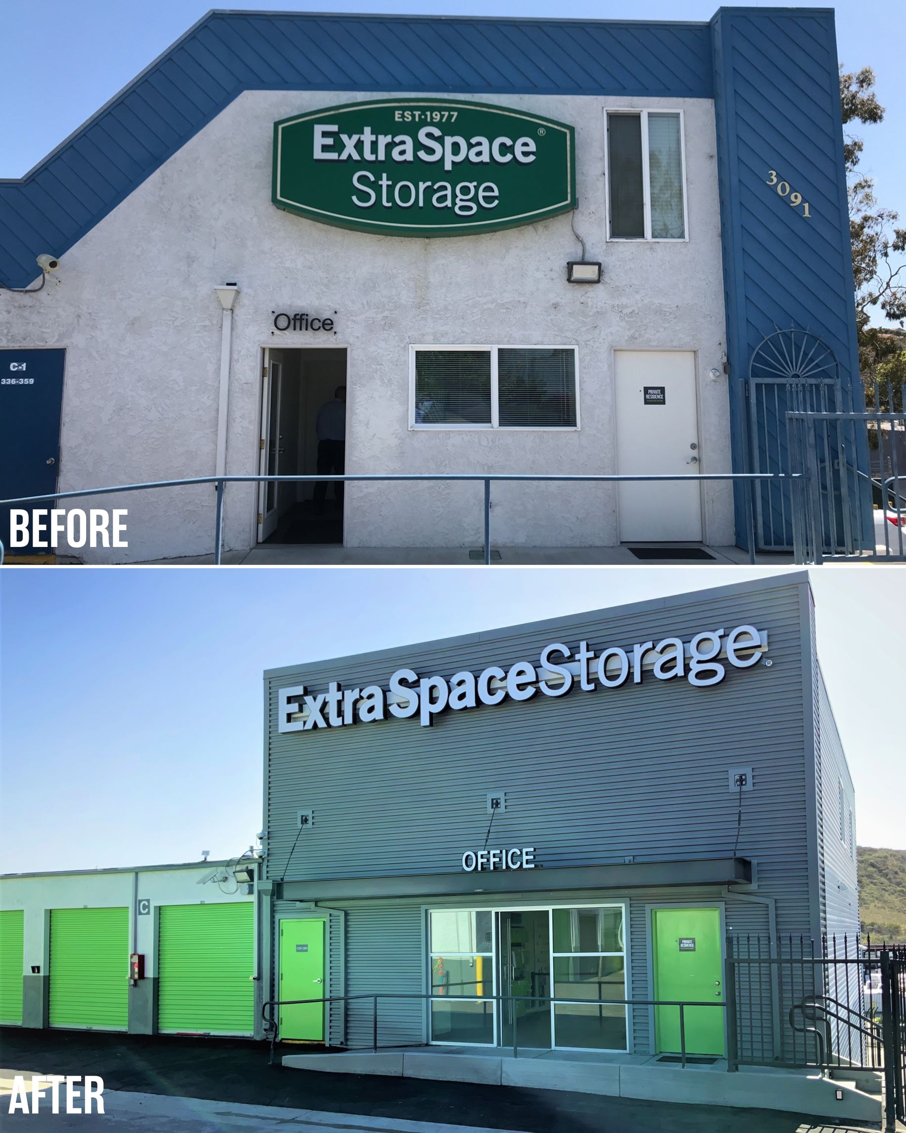 Before & After: Revamped Exterior of the Main Building from the Extra Space Storage Oceanside Facility Expansion