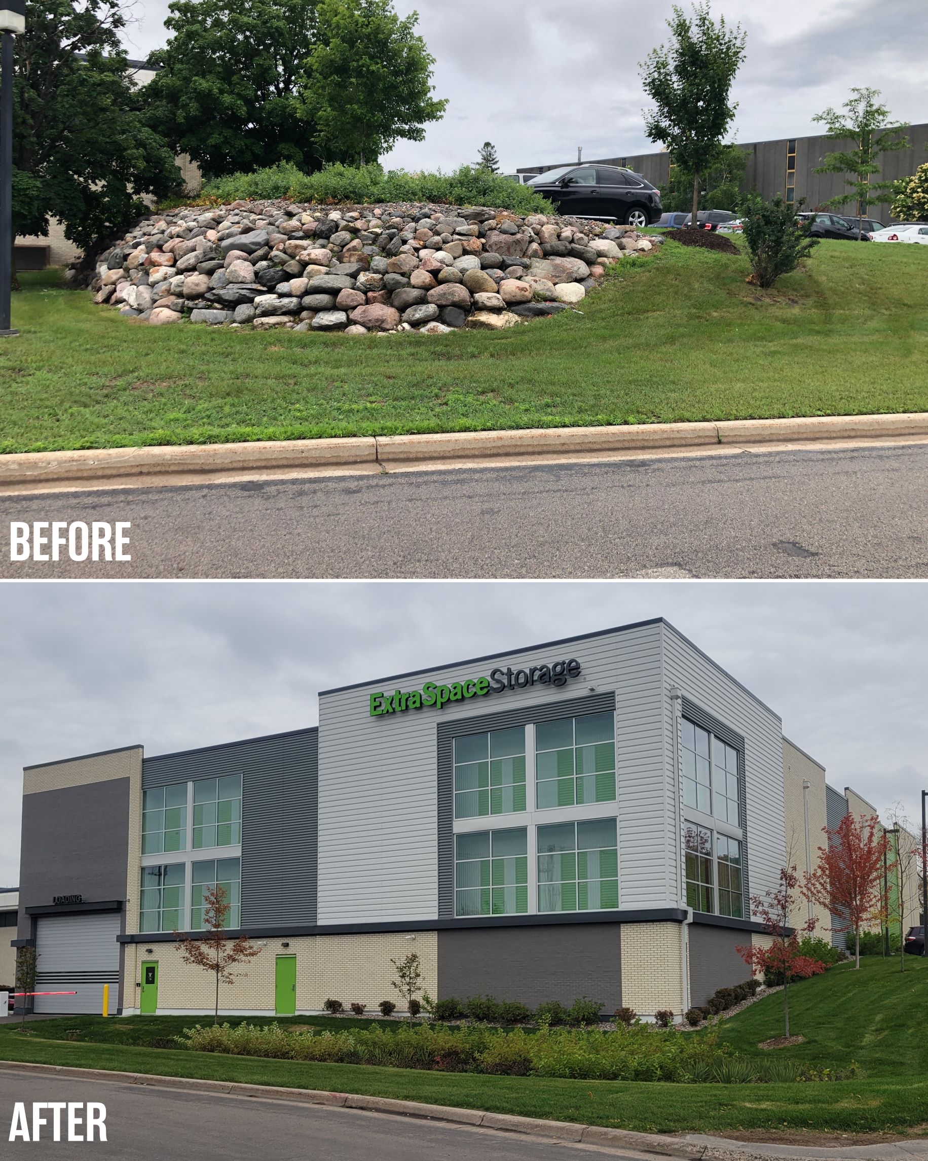 Before & After: Front of Expanded Minneapolis Extra Space Storage Facility