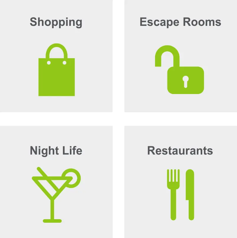 Activities in Central Bench include shopping, escape rooms, night life, and restaurants. 
