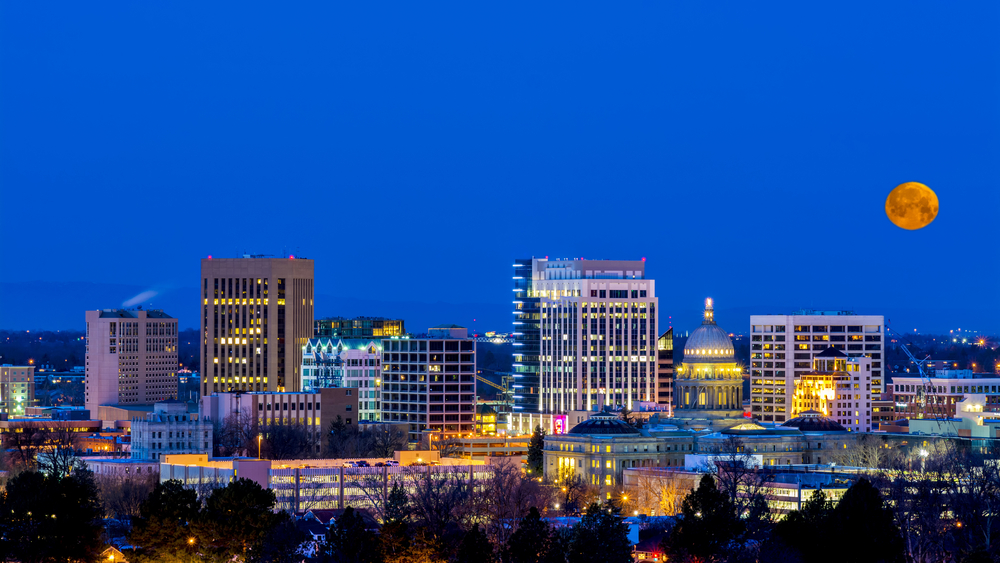 Downtown Boise Skyline at Night with the Moon in the Sky