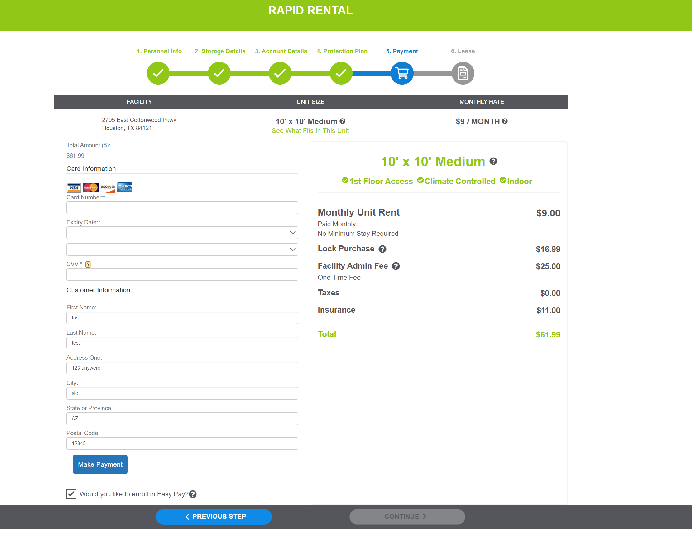 Screen shot of website portal with payment section filled in.