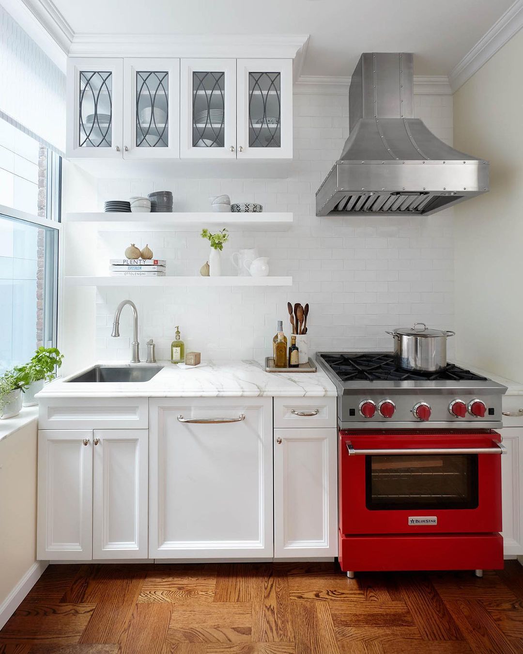 Interior view of small kitchen with ample storage space.