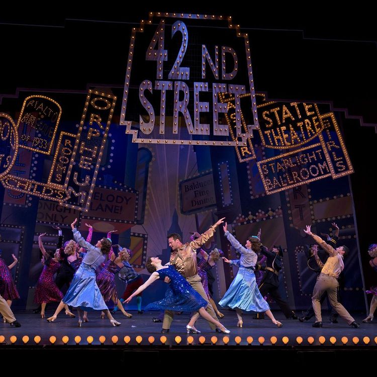 Professional photo of actors performing in the 42nd Street Musical at Lexington Theatre Co. Photo by instagram user @thelextheatreco