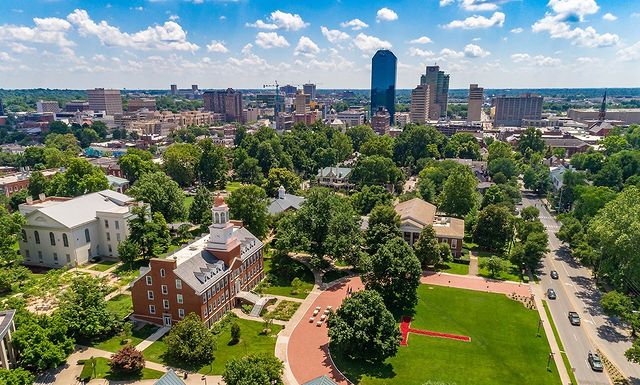 Aerial shot of Transylvania University with downtown Lexington in the background. Photo by instagram user @transylvaniauniversity