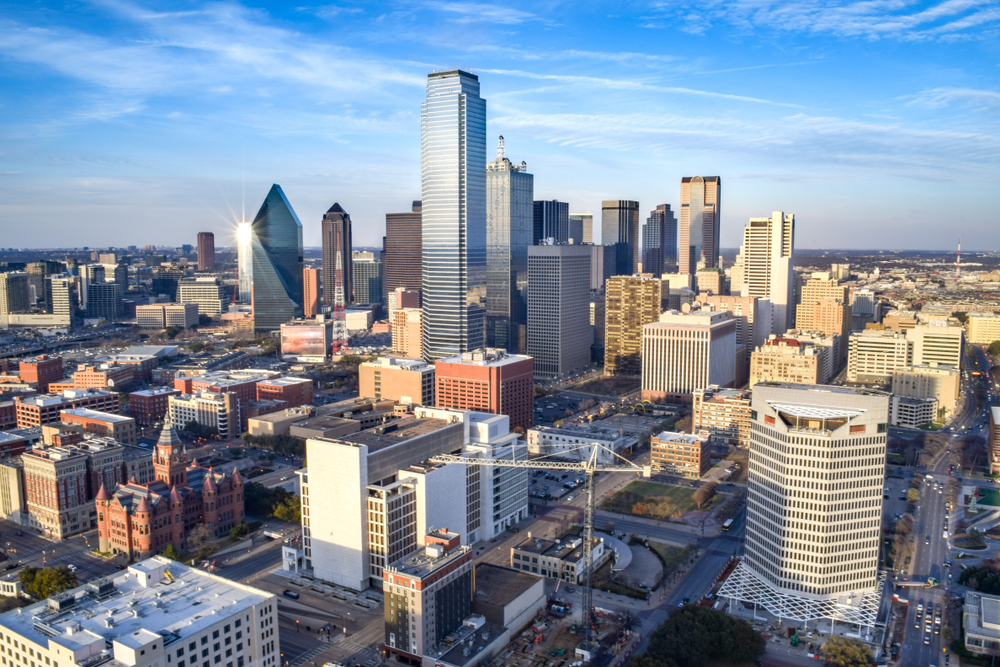 Drone shot of the skyline of Dallas.