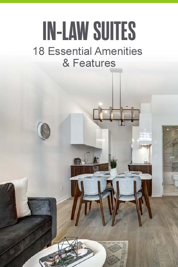 Interior shot of an in-law suite apartment with a four-seat dining set and white kitchen.