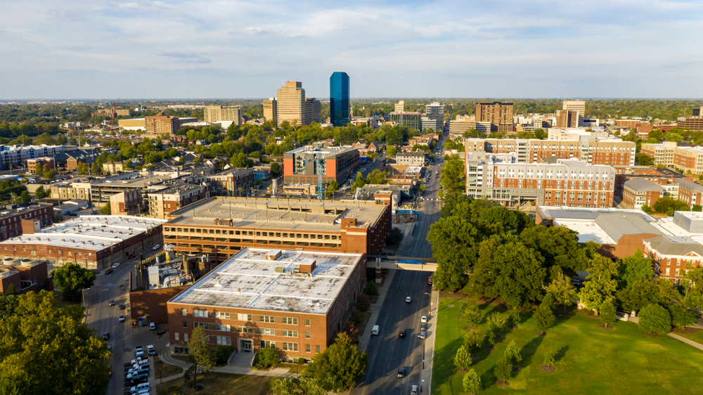 Aerial view of the university campus looking into the city center of Lexington, KY.