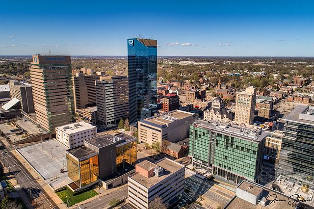 Aerial view of downtown Lexington, Kentucky, showing off the skyline and landscape. Photo by instagram user @amine_abassir