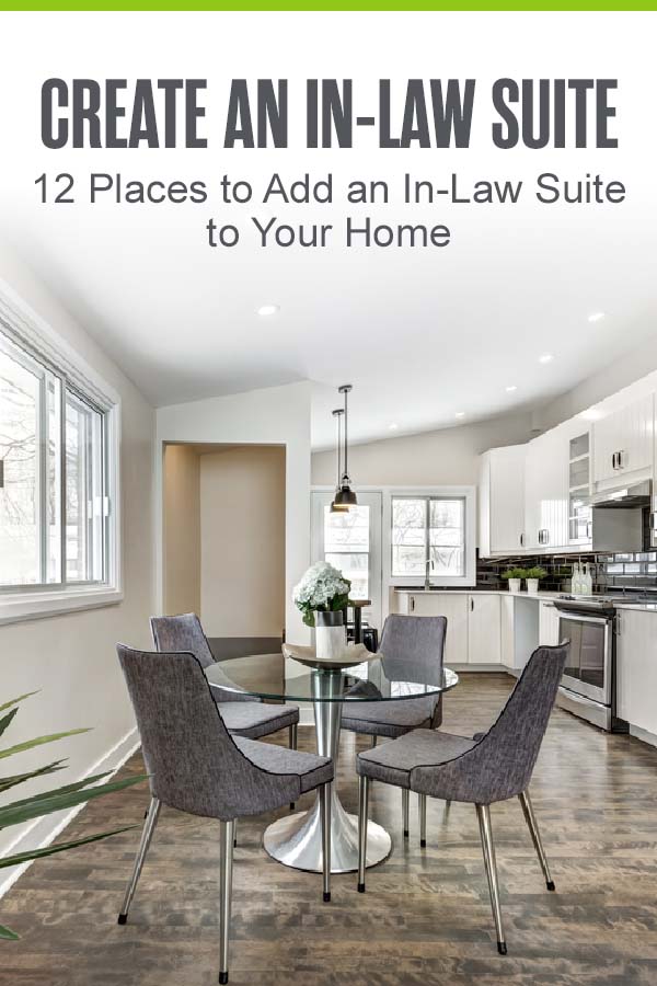 Interior shot of an in-law suite with a kitchen in view and a four-set dining set.