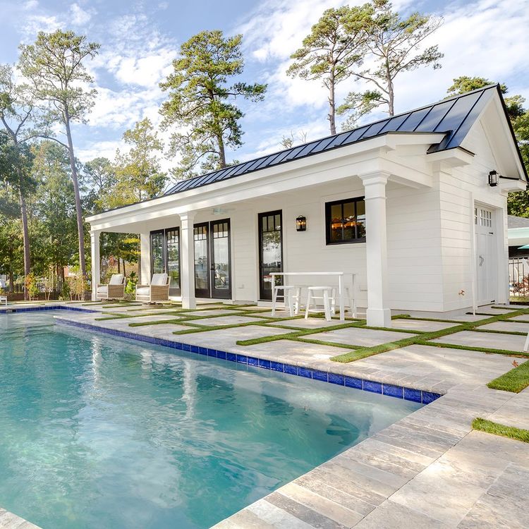 Updated Farmhouse Style Pool House. Photo by Instagram user @stephenalexanderhomes
