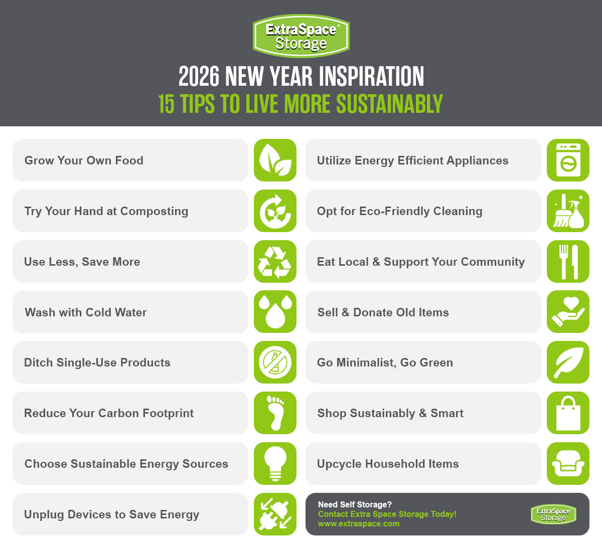 Infographic of ways to live sustainably, including growing food, composting, and washing with cold water